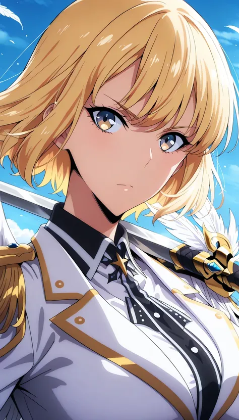 dark military jacket, high collar, brass buttons, ornate shoulder pauldron, layered wing feathers, white and black feather details, metallic accents, structured military cut, formal uniform, decorative epaulette, rating: random, big breast, anime girl, blo...