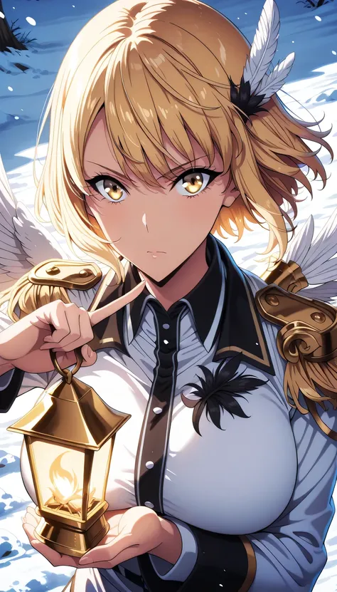Index finger to own lips, dark military jacket, high collar, brass buttons, ornate shoulder pauldron, layered wing feathers, white and black feather details, metallic accents, structured military cut, formal uniform, decorative epaulette, rating: random, b...