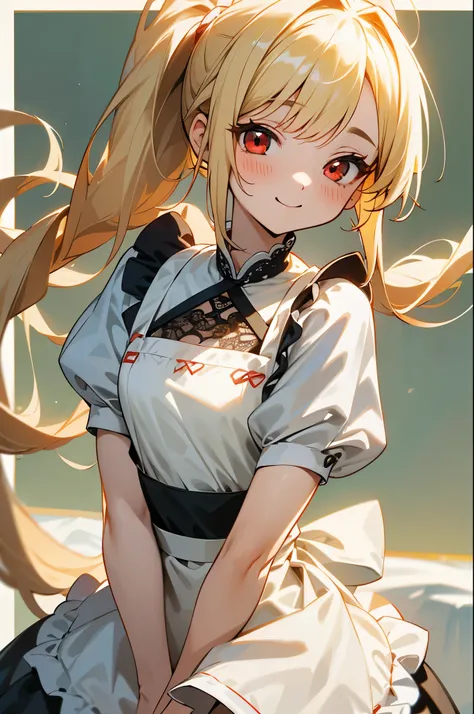 (bundle my hair with both hands:1.2)、(dynamic angle)、Clothes that get messy when you move、blonde hair、Red Eyes、ponytail、stupid hair、small 、white lace apron、Smile that captivates the viewer、（professional lighting）、Border Depth、Characteristics of detailed cl...