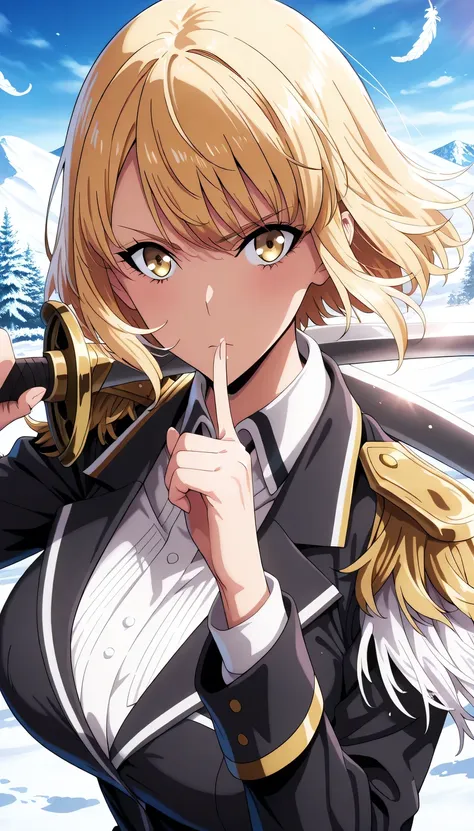 Index finger to own lips, dark military jacket, high collar, brass buttons, ornate shoulder pauldron, white and black feather details, metallic accents, structured military cut, formal uniform, decorative epaulette, rating: random, big breast, anime girl, ...
