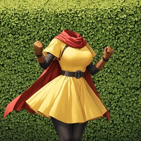 cape, dress, gloves, pantyhose, yellow dress, scarf, short sleeves, in garden, fighting pose, (invisible:1.5, no humans:1.5, headless:1.5, faceless:1.5), cute big huge breasts, detailed cloth texture, extremely details, close-up to breasts, (Best-quality, ...