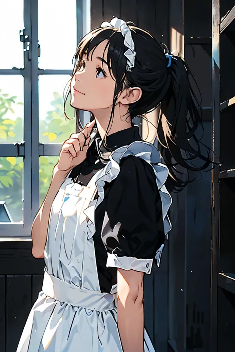 Focus on ultra-high resolution and high resolution、Best Quality Masterpiece。(((An accurate reproduction of the human body structure)))、(((Small Faces、small breasts、slender figure)))、 dark haired, ponytail, ((Maid Outfit、 Dark blue shirt、White Ruffle Apron)...