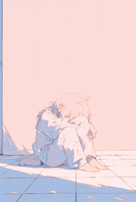 Cozy vibes and pastel pop art anime style of a person sitting on a tiled floor with their knees drawn up to their chest, arms wrapped around their legs in a self-hug. They are barefoot and dressed in soft pastel-colored long-sleeved shirt and loose pants. ...