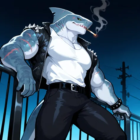 masterpiece, best quality, night Alleys, solo, male, deepblue shark, sharkman, black sclera, green eye, Muscle, wide chest, beefy, thick scales on arms, fins on arms, scar on one's nose, bulky body, big tail, white shirt, black belt, black padded jacket, b...