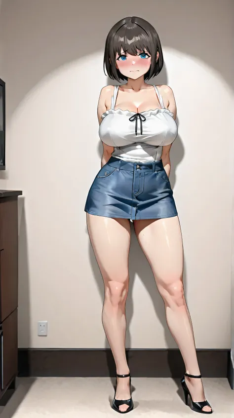high definition, 8K, (Chikan Shita Estyle), blue eyes. white top ((sweetheart neckline)), ((sleeveless)) ((sin tirantes)), (((large breasts and areoles))). blue denim miniskirt ,  black patent leather heels . Standing with legs spread in an A-shape, high h...