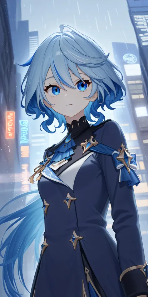 Kualitas terbaik, resolusi 4k, rainy city background, gadis remaja, whitish blue hair, ppupil right eye sky blue, left eye pupil navy blue, menggunakan payung