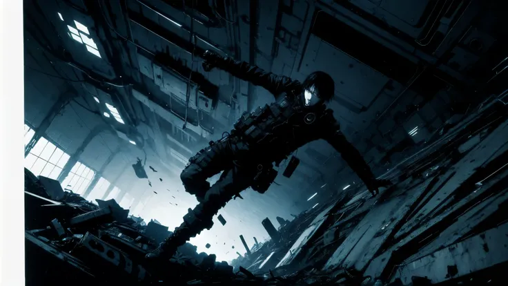 POV perspective ,solo,blame, tsutomu nihei, by tsutomu nihei,movie, killy, cibo, GBE,1boy, killy, ova, The center of the picture is an arm with black tactical gear hanging halfway down on the ground,Black gloves holding GBE in the background is a surreal s...