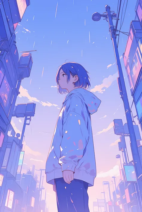 Cozy vibes and pastel pop art anime style of a young person with short hair wearing a soft, oversized hooded jacket, standing alone in front of a softly illustrated rainy background. They are gently exhaling a faint puff of steam, suggesting the chilly air...