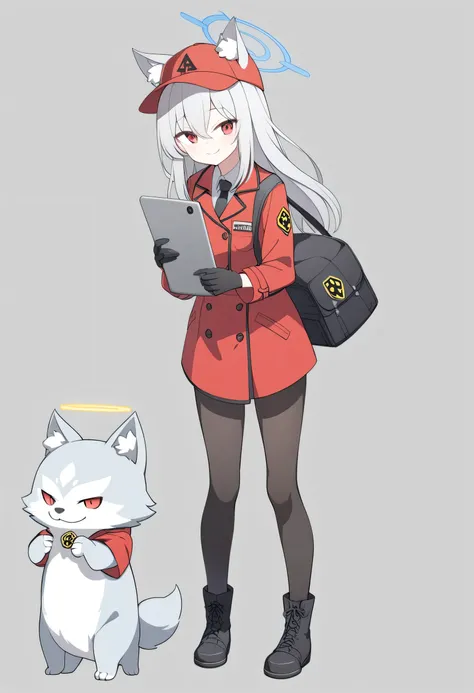girl, Long silver hair , , a red baseball cap with a white biohazard icon, red eyes , Red trench coat , calm expression , blue halo, gray wolf ears, Black Leather Gloves,black pantyhose, Black boots,black tie,Holding a tablet with a biohazard icon on th...