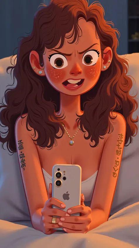 4 a.m,girl(long brown wavy hair)Lying in bed looking angrily at a white phone,with expressions of dissatisfaction and anger on the face,wearing a sexy white top,with long light brown hair,sheet,The lighting is dim, illustration style ,Capture a moment of e...