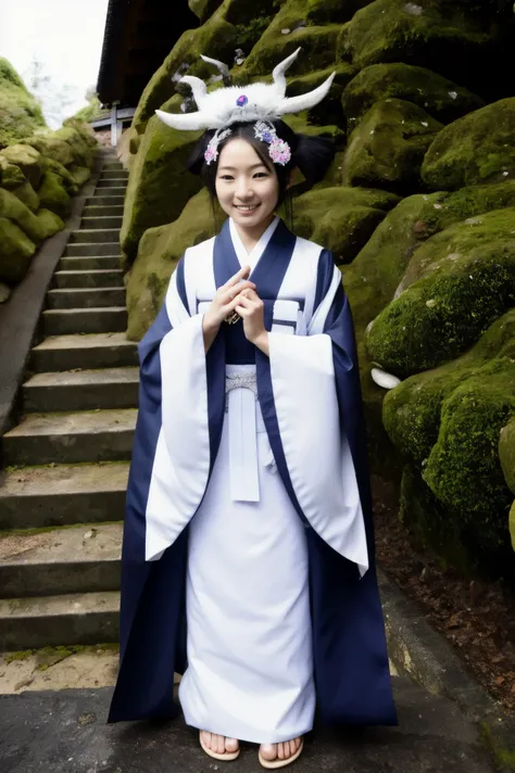 nice japanese girl,japanese shrine maiden in ceremonial outfit, 20 yeas old in white wolf shrine