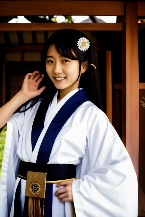 nice japanese girl,japanese shrine maiden in ceremonial outfit, 20 yeas old in white wolf shrine