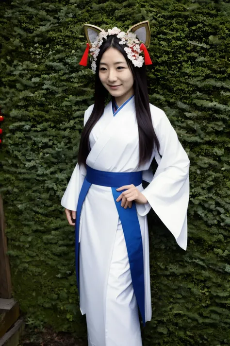 nice japanese girl,japanese shrine maiden in ceremonial outfit, 20 yeas old in white wolf shrine
