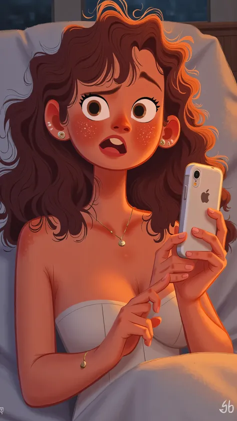 4 a.m,girl(long brown wavy hair)lying in bed,Annoyed holding up the white phone to check,with expressions of dissatisfaction and anger on the face,wearing a sexy white top,with long light brown hair,sheet,The lighting is dim, illustration style ,Capture a ...