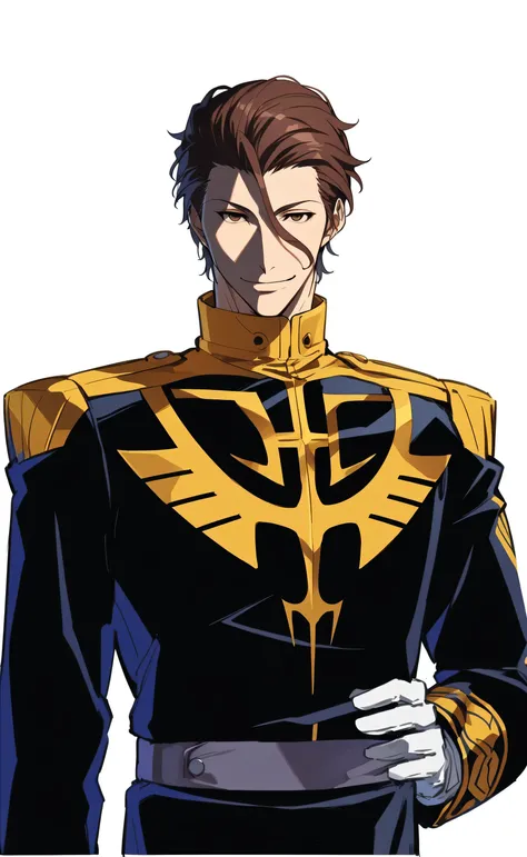 1male,solo,Sousuke Aizen,brown hair,short hair,slicked back hair,brown eyes,empty eyes,smile,Gundam 00 Style