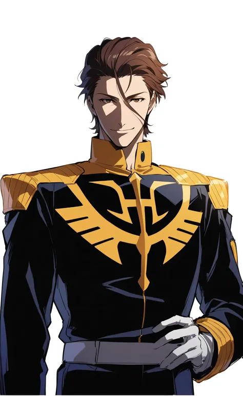 1male,solo,Sousuke Aizen,brown hair,short hair,slicked back hair,brown eyes,empty eyes,smile,Gundam 00 Style