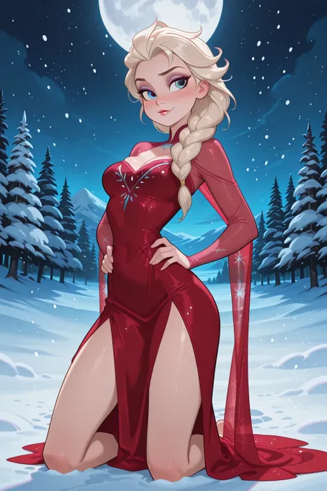 masterpiece, best quality, amazing quality, body, 1 girl, Elsa \(frozen\), red dress, transparent pelvic drape dress, hands on hips, blue eyes, kneeling pose in snow, sexy gesture, snow, winter, detailed, smooth skin, amazing background, night, full moon, ...