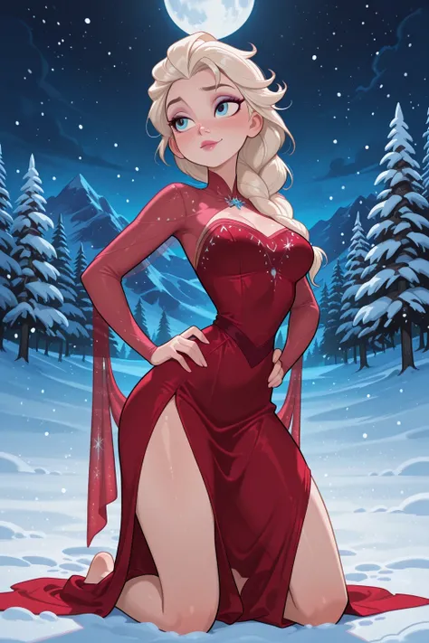 masterpiece, best quality, amazing quality, body, 1 girl, Elsa \(frozen\), red dress, transparent pelvic drape dress, hands on hips, blue eyes, kneeling pose in snow, sexy gesture, snow, winter, detailed, smooth skin, amazing background, night, full moon, ...