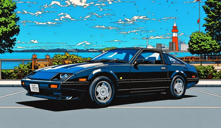 Fairlady Z、3rd generation Z31 series、black car body、Sunny summer day、shoreline parking lot with the shape intact、