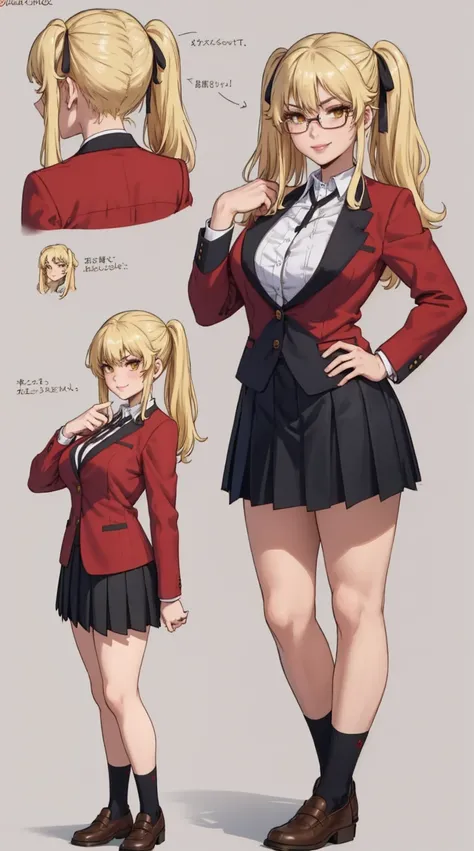girl, solo, full body, from head to toe, standing, (Huge_Breasts:1.3), wearing a short skirt (weight: 1.5),

Character Design Sheet, character reference sheet, character turn around,

saotome mary, school uniform, red jacket, twintails, blonde hair

a girl...