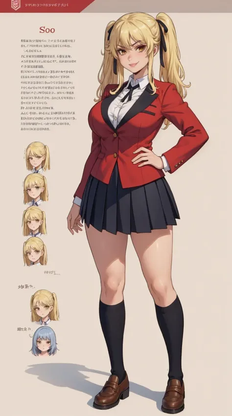 girl, solo, full body, from head to toe, standing, (Huge_Breasts:1.3), wearing a short skirt (weight: 1.5),

Character Design Sheet, character reference sheet, character turn around,

saotome mary, school uniform, red jacket, twintails, blonde hair

a girl...