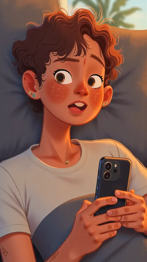Early morning male(Brown Short Hair)lying in bed looking at a black phone,calm,wear a white t-shirt,Gray sheets,soft natural light shines into the bedroom,easy picture,Home atmosphere,lifestyle illustration style