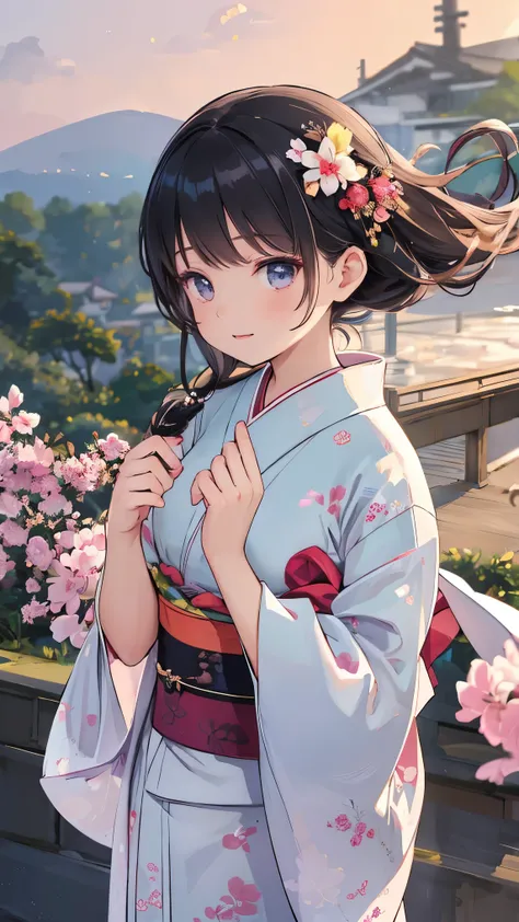beautiful woman in kimono , Furusode fluttering in the wind,