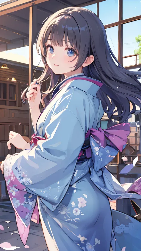 beautiful woman in kimono , Furusode fluttering in the wind,