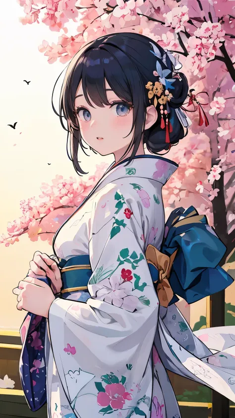 beautiful woman in kimono , Furusode fluttering in the wind,