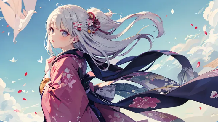 beautiful woman in kimono , Furusode fluttering in the wind,