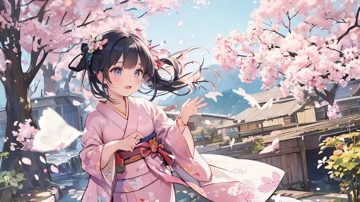 beautiful woman in kimono , Furusode fluttering in the wind,