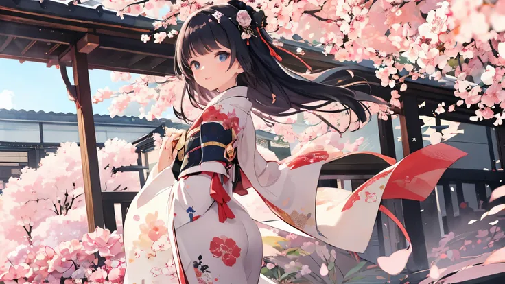 beautiful woman in kimono , Furusode fluttering in the wind,