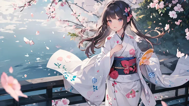beautiful woman in kimono , Furusode fluttering in the wind,