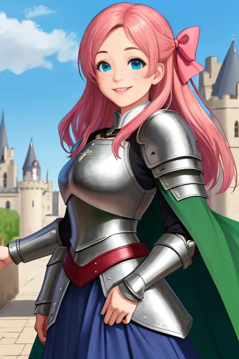 sakura minamoto, long blue skirt, long green cape, armored dress, wearing armor, pink hair, blue eyes, smiling girl, hair bow, standing in front of medieval castle, up-close