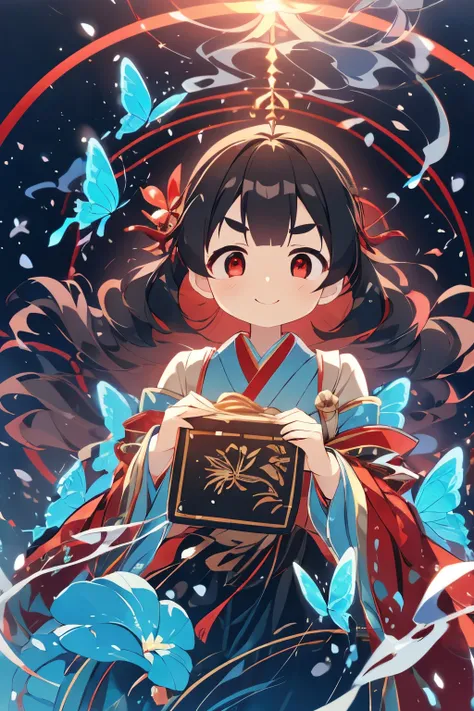 28 years old、Japanese woman、Standard body type、dark haired、long hair、wavy perm、Fluffy Hair、Long face、Dark eyebrows、cheeks are slightly red、Rounded chin 、（holding a small box here with a smile 1：1.5）、Black lacquer box、butterfly with red string々Knot box、Insi...