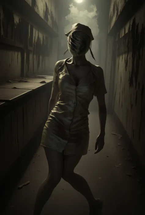 Silent Hill Nurse, blood, surreal, dilapidated, Hospital hall background, sexy, high detail, masterpiece.