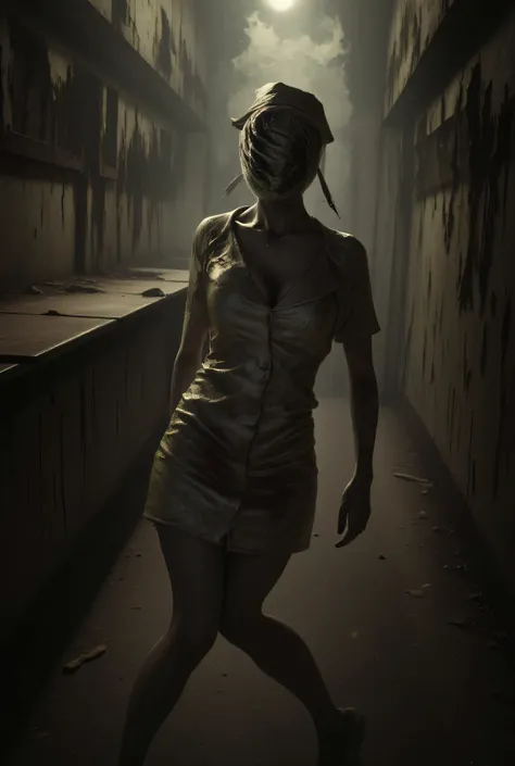 Silent Hill Nurse, blood, surreal, dilapidated, Hospital hall background, sexy, high detail, masterpiece.