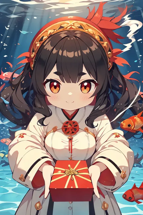 28 years old、Japanese woman、Standard body type、dark haired、long hair、wavy perm、Fluffy Hair、Long face、Dark eyebrows、cheeks are slightly red、Rounded chin 、Hand structure based on perfect anatomy、（holding a small box here with a smile 1：1.7）、（A glossy black b...