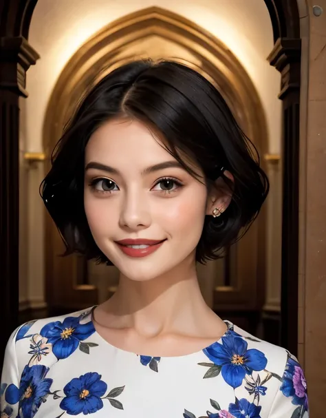 391 ((young woman)),(short hair),(floral dress),(archic smile)