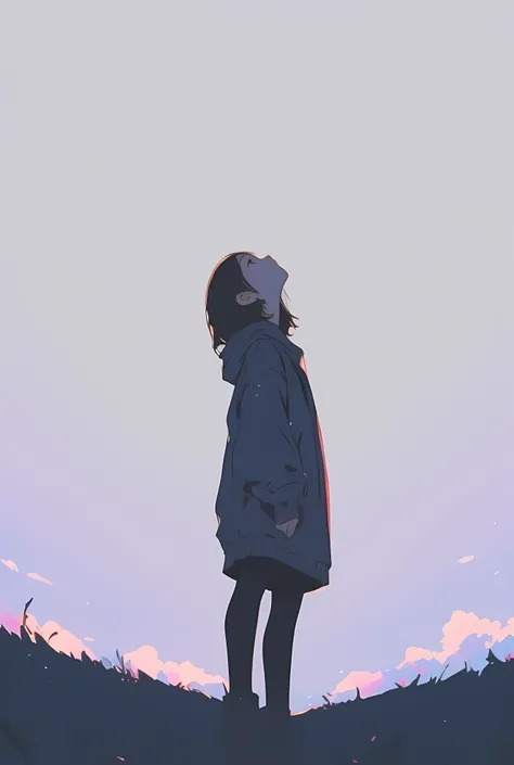 Cozy vibes and pastel pop art anime style of a minimalist silhouette of a person in side profile, standing quietly against a soft gradient background that transitions from light pastel gray at the top to a gentle charcoal hue at the bottom. The person’s he...