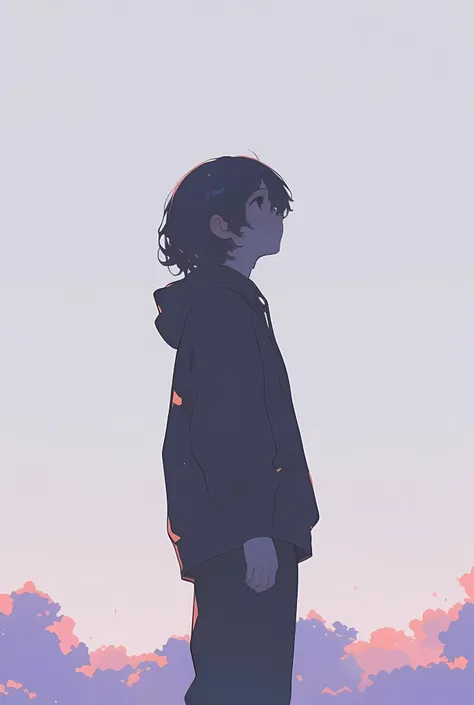 Cozy vibes and pastel pop art anime style of a minimalist silhouette of a person in side profile, standing quietly against a soft gradient background that transitions from light pastel gray at the top to a gentle charcoal hue at the bottom. The person’s he...