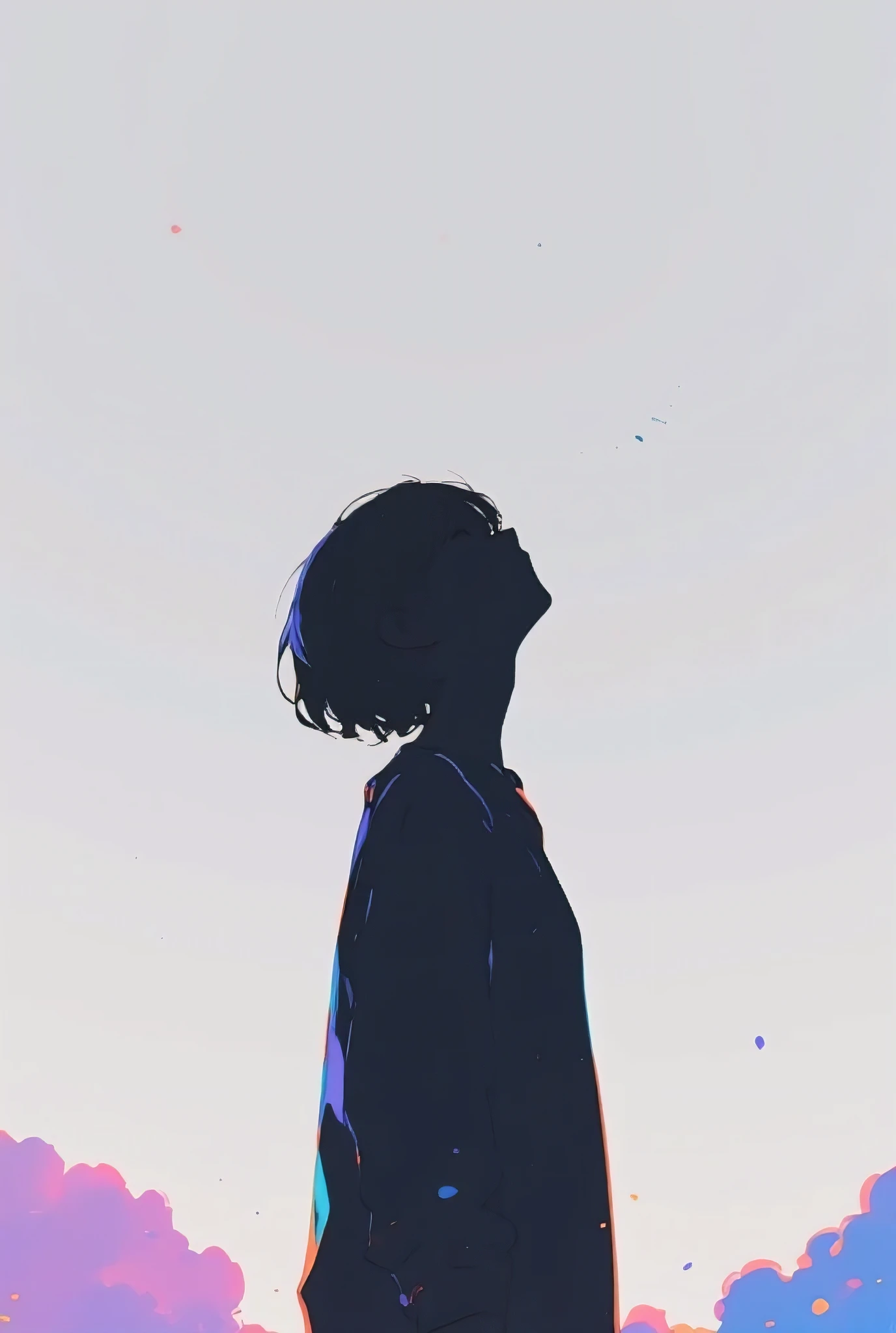 Cozy vibes and pastel pop art anime style of a minimalist silhouette of a person in side profile, standing quietly against a soft gradient background that transitions from light pastel gray at the top to a gentle charcoal hue at the bottom. The person’s he...