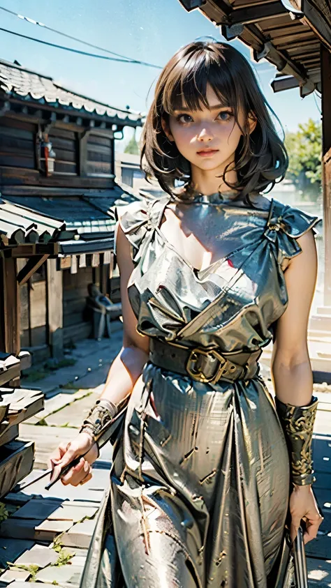 Highest Quality, masterpiece,  Realistic Pictures, Intricate Details, Heavy processed photo, Super Detailed,Fantasy mythology D&D fashioned young woman, fetish  metallic armorを着て, Put a huge melee weapon in the scabbard,  Silver Hair, WITH PERFECT DETAILS ...