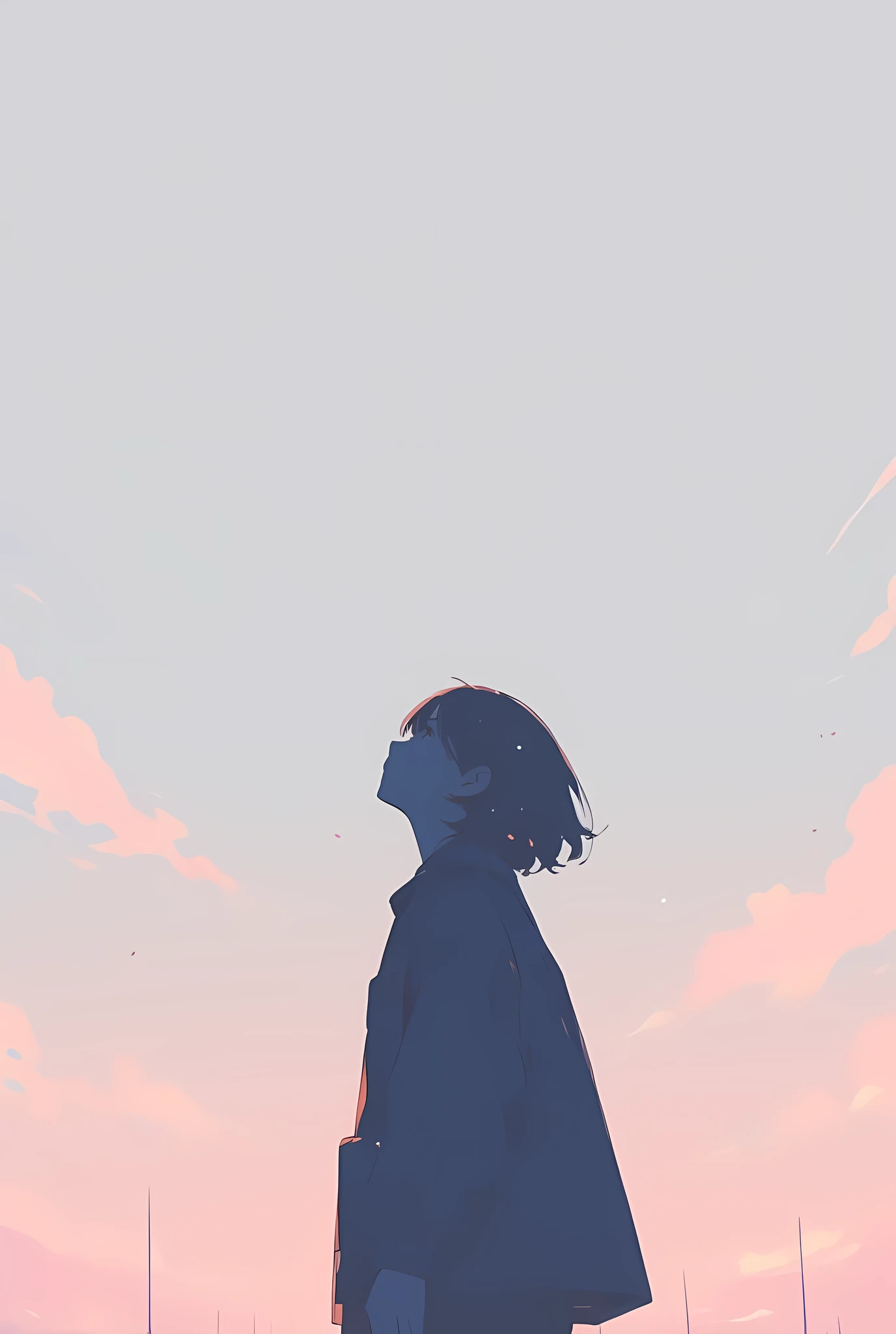 Cozy vibes and pastel pop art anime style of a minimalist silhouette of a person in side profile, standing quietly against a soft gradient background that transitions from light pastel gray at the top to a gentle charcoal hue at the bottom. The person’s he...