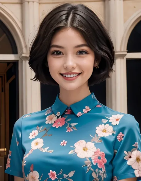 391 ((young woman)),(short hair),(floral dress),(archic smile)
