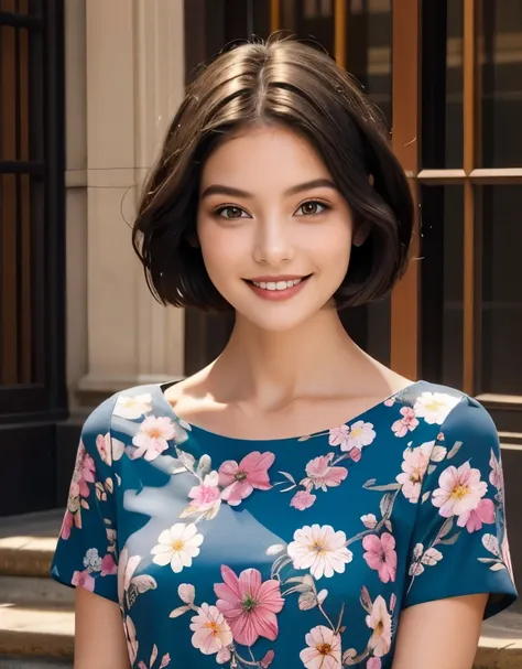391 ((young woman)),(short hair),(floral dress),(archic smile)