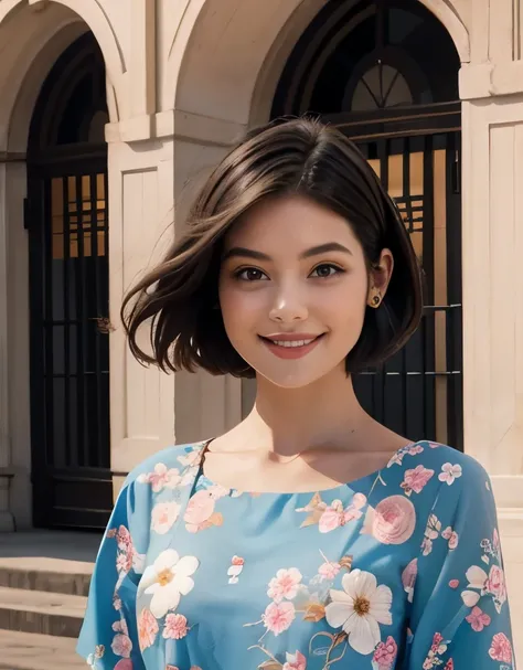 391 ((young woman)),(short hair),(floral dress),(archic smile)