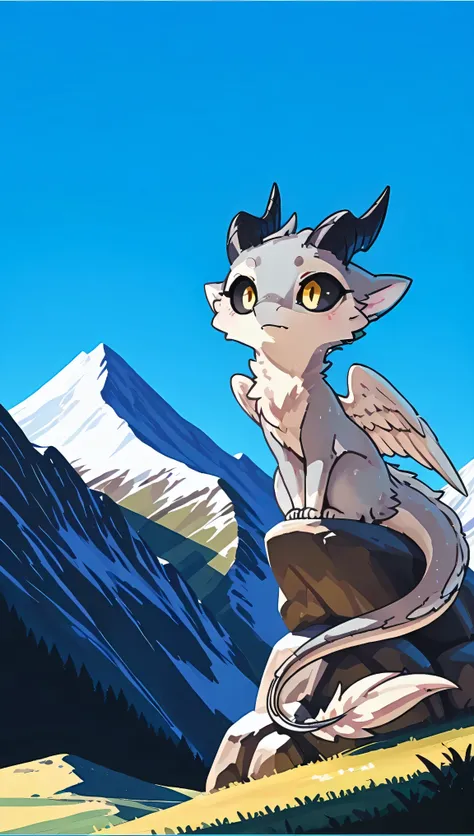 [Phone-Cover Style] [Furred Dragon - Trendy] [Model-Test*] - 2d, mountain clear blue sky, beauty scenery, sunny, solo, female, Nymki, dragon, chibi slender, furred_dragon, angel_wings feathered_glow super_fluffy, dragon tail, digitigrade paws,  gray_fur, w...
