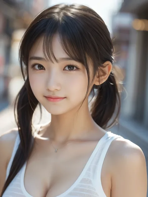 Sporty Girl, Dynamic Pictures , Black Hair, Long Hair, ponytail, bangs, Thready hairstyle/hair, Expressive Hair , Droopy eyes, Sad Eyes , Light-pigmented eyes, Drooping eyebrows, high definition, masterpiece, accurate, is anatomically correct, has w...