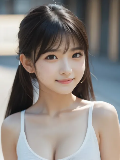 Sporty Girl, Dynamic Pictures , Black Hair, Long Hair, ponytail, bangs, Thready hairstyle/hair, Expressive Hair , Droopy eyes, Sad Eyes , Light-pigmented eyes, Drooping eyebrows, high definition, masterpiece, accurate, is anatomically correct, has w...